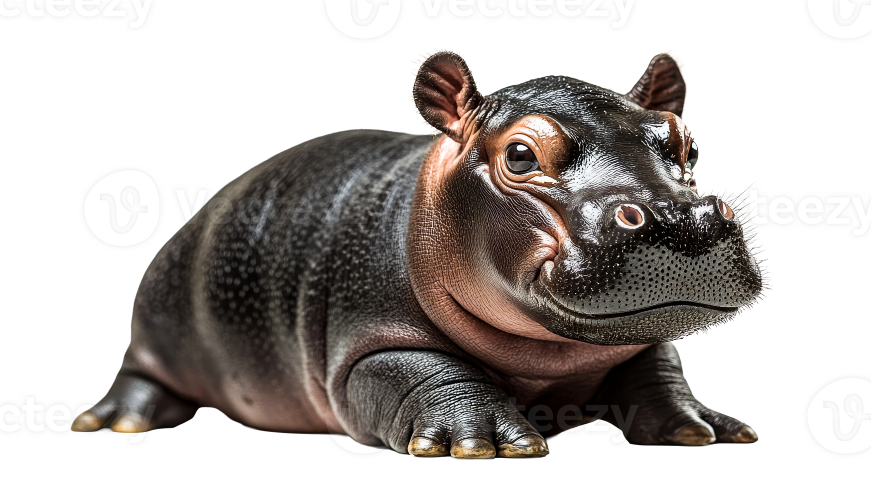 Cute pygmy hippopotamus calf isolated on black background, cut out transparent png