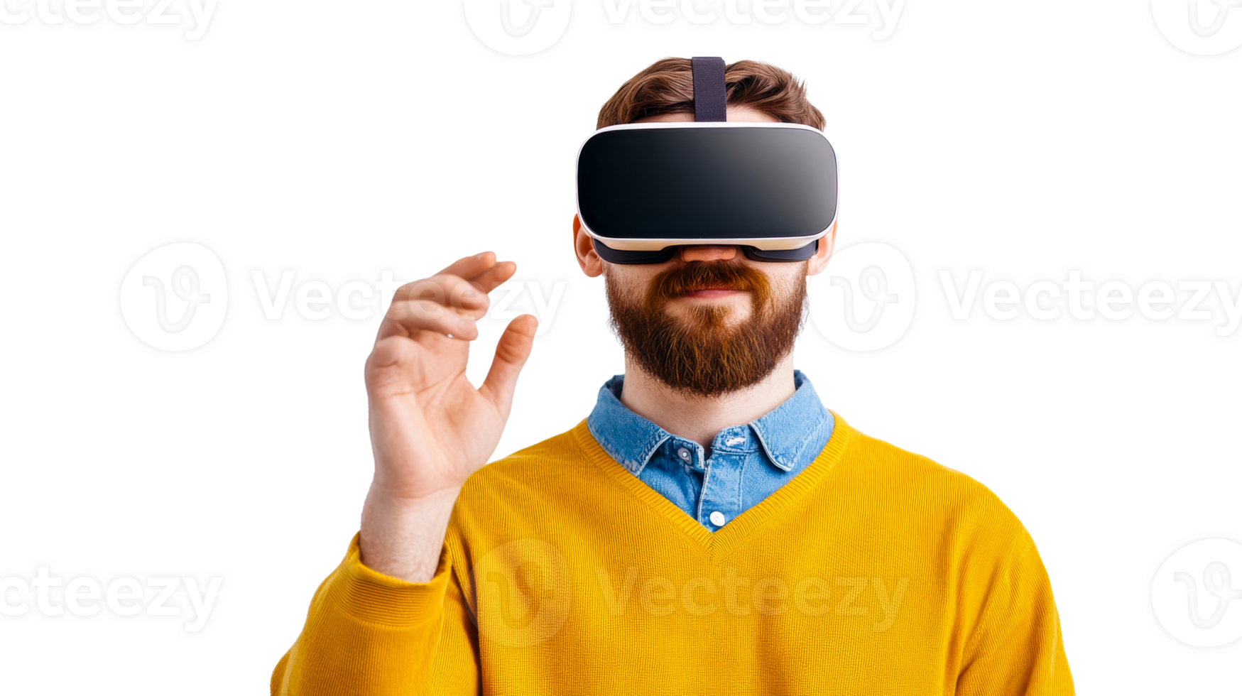 Man with VR headset interacting with virtual reality, cut out transparent png