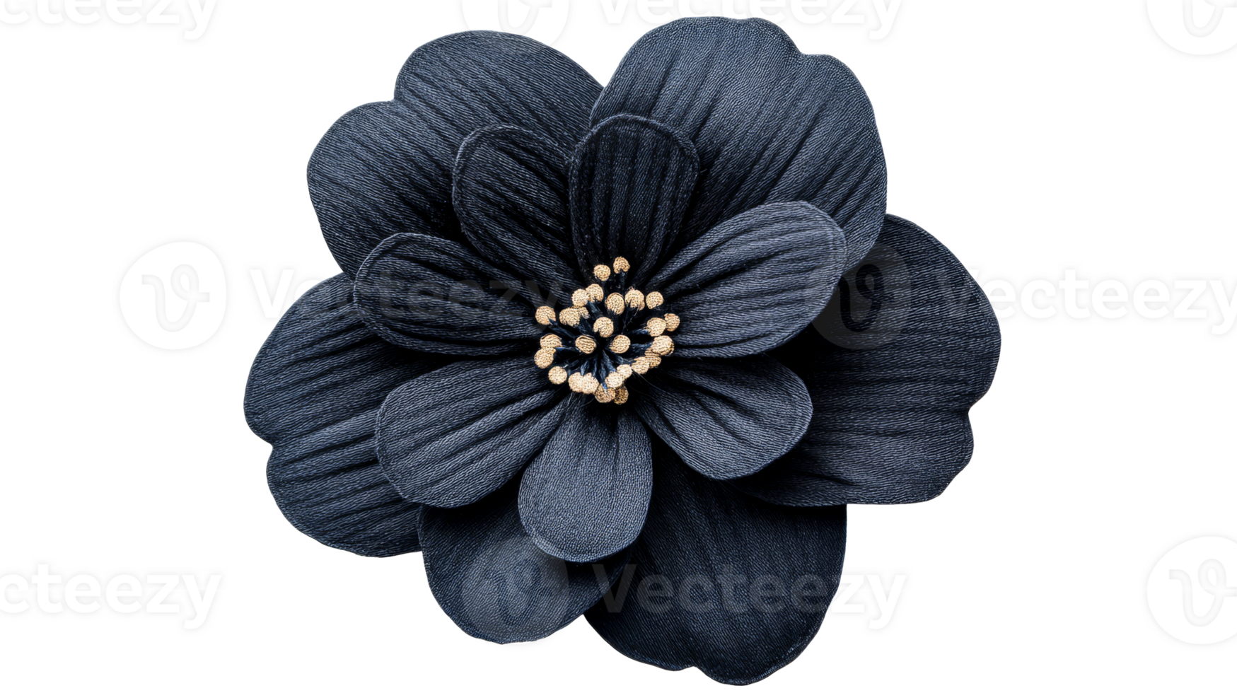 Blue flower made of fabric with golden stamens, cut out transparent png