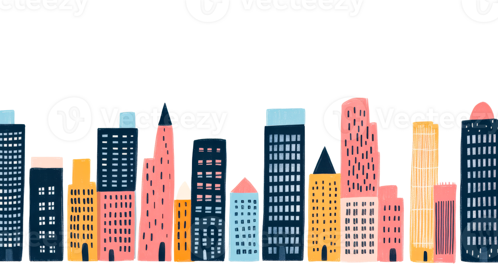 Cartoon cityscape with multicolored buildings, cut out transparent png