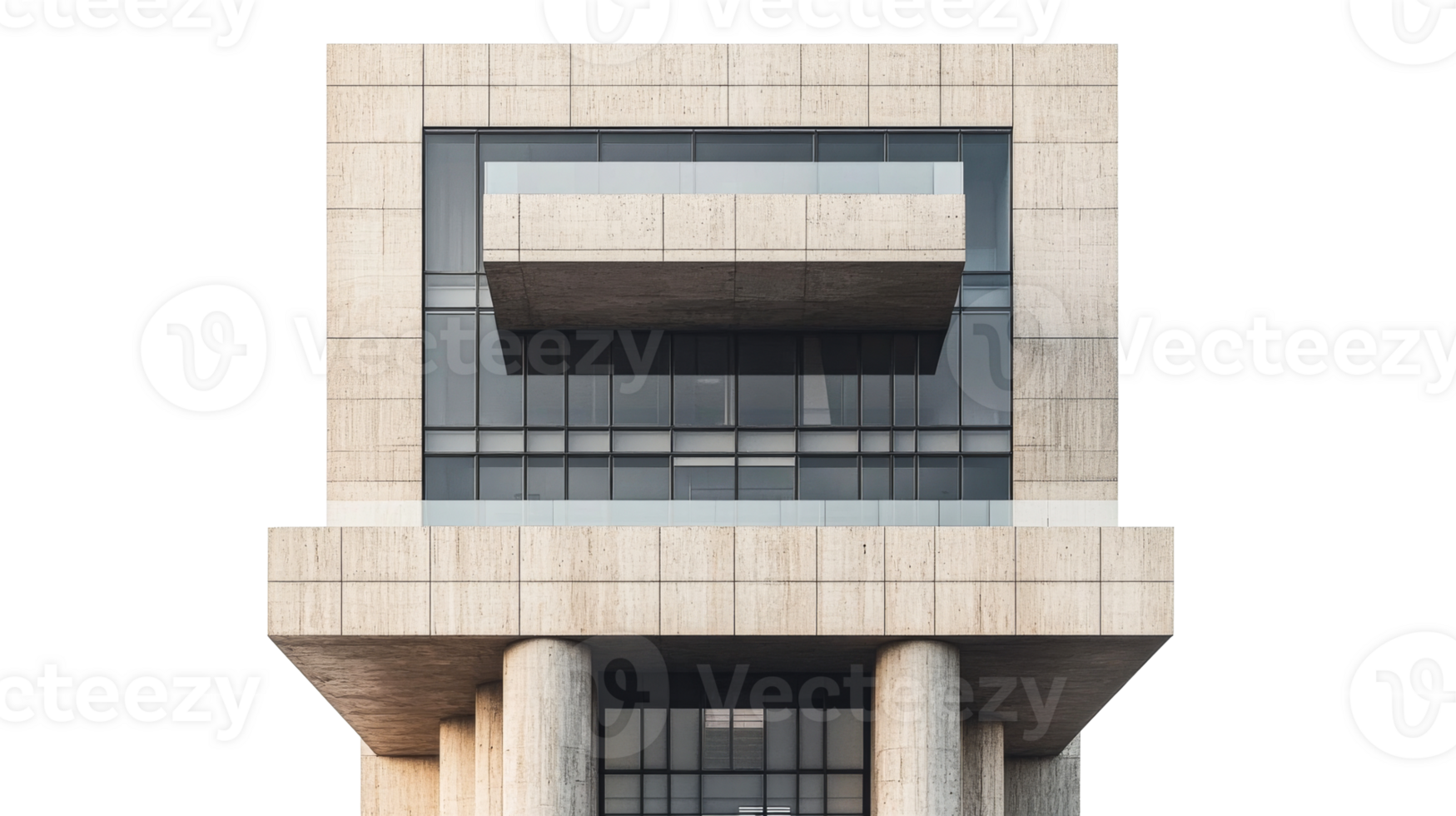 Modern building facade with balcony and columns, cut out transparent png