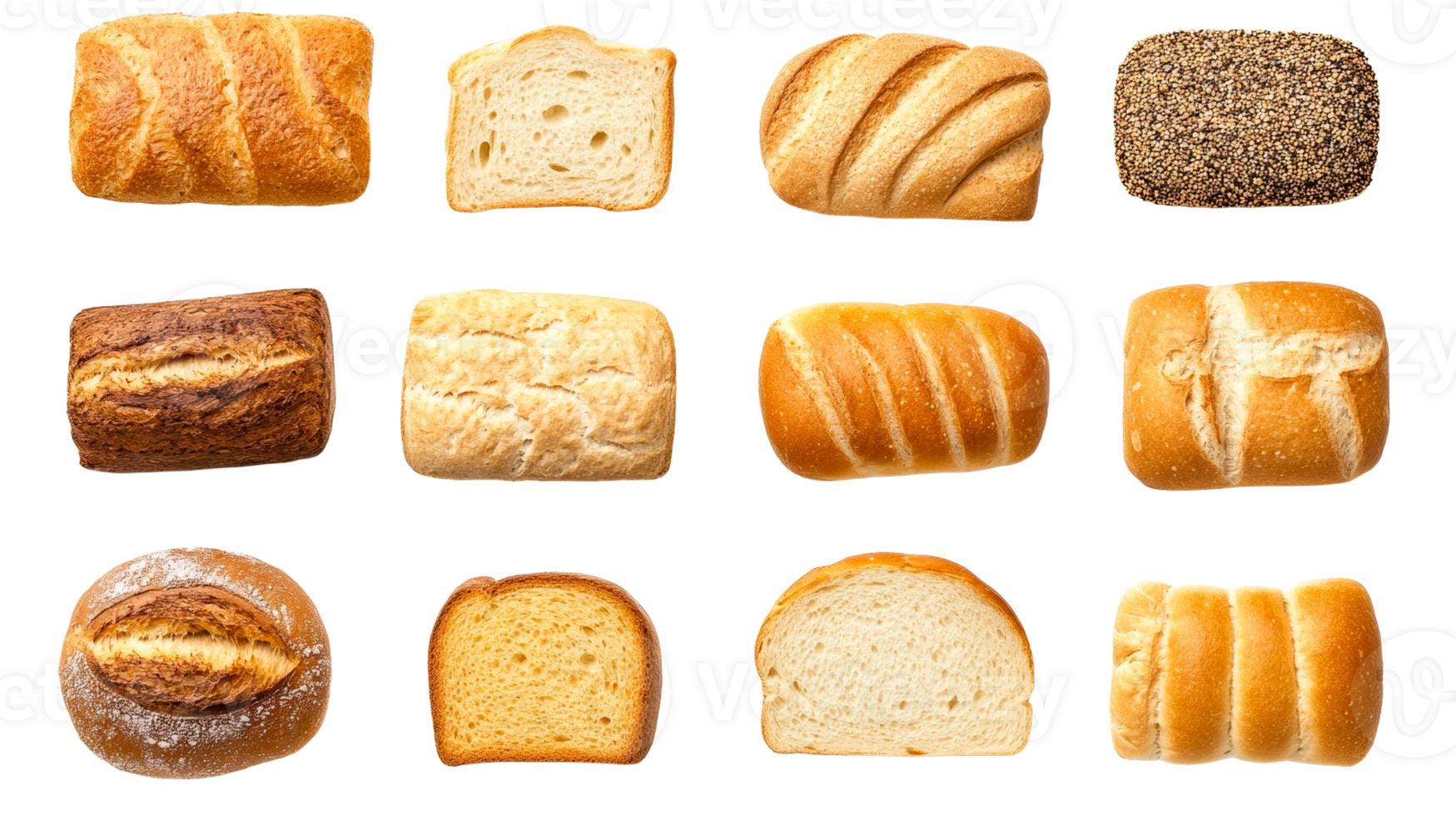 Assortment of bread loaves and slices, isolated , cut out transparent png