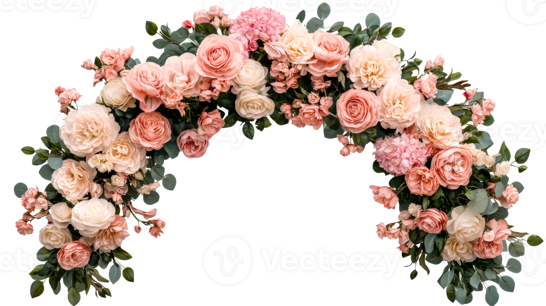 Elegant floral archway decoration of roses and hydrangeas, cut out transparent png
