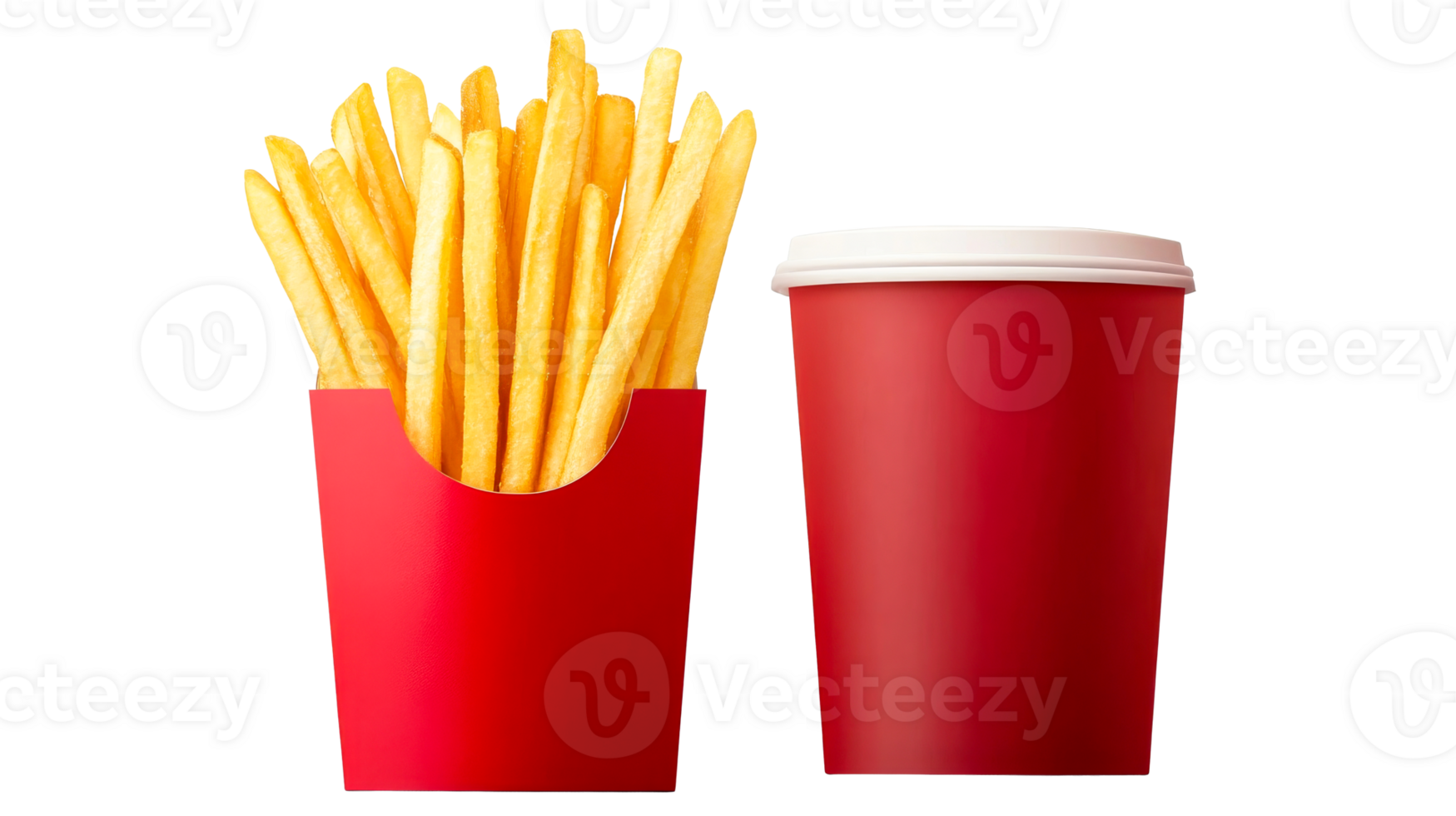 Crispy fries in red box, red cup with cap, isolated, cut out transparent png