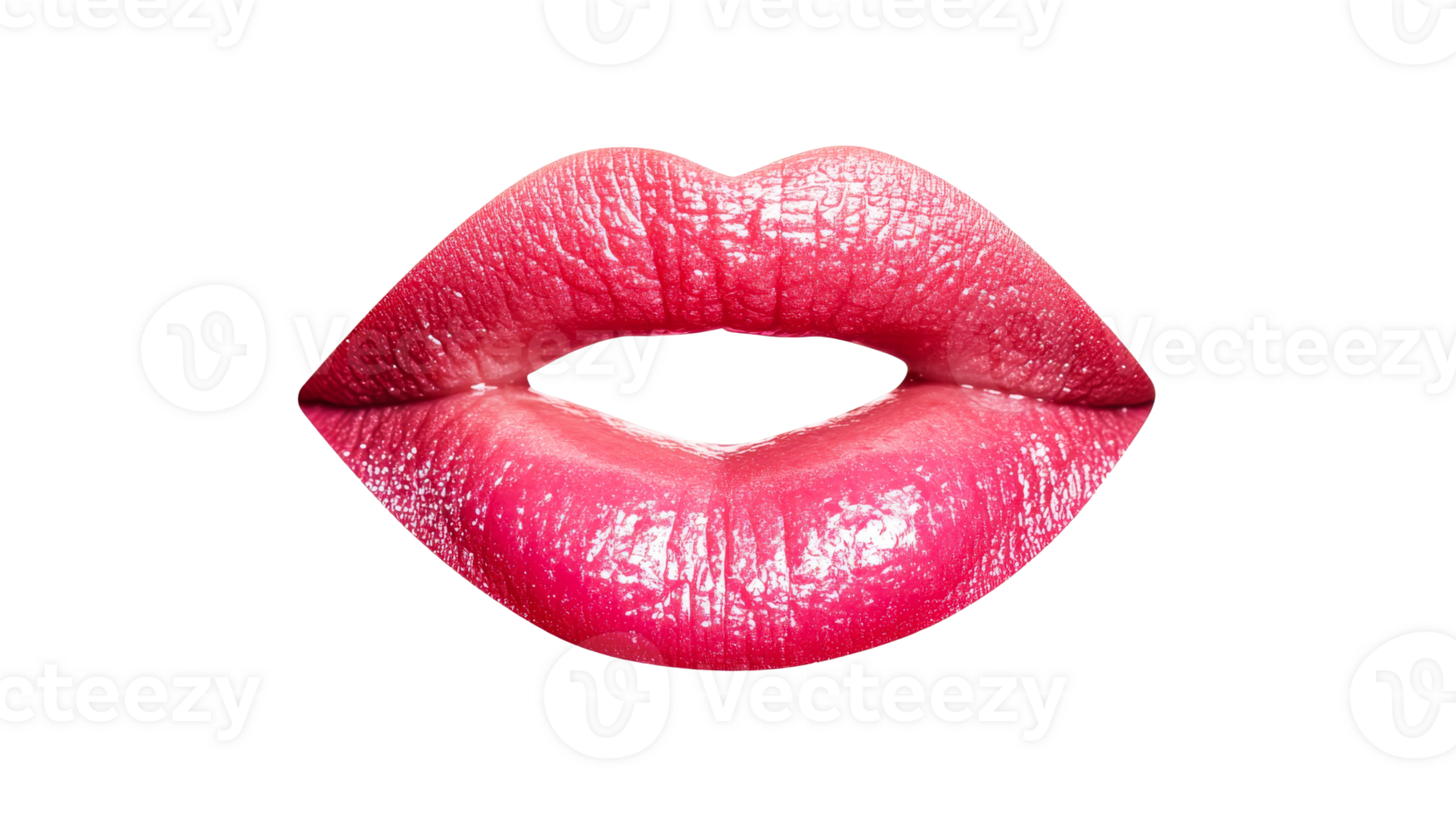 Glossy red lips with lipstick in center of frame, cut out transparent png