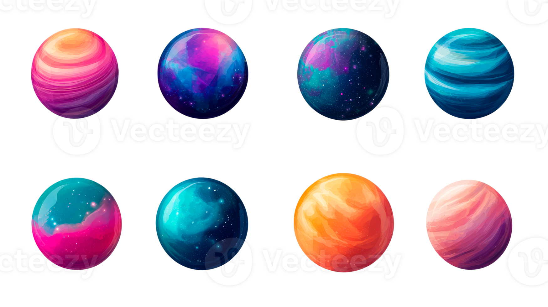 Set planets fantasy with colorful patterns and cosmos, cut out transparent png