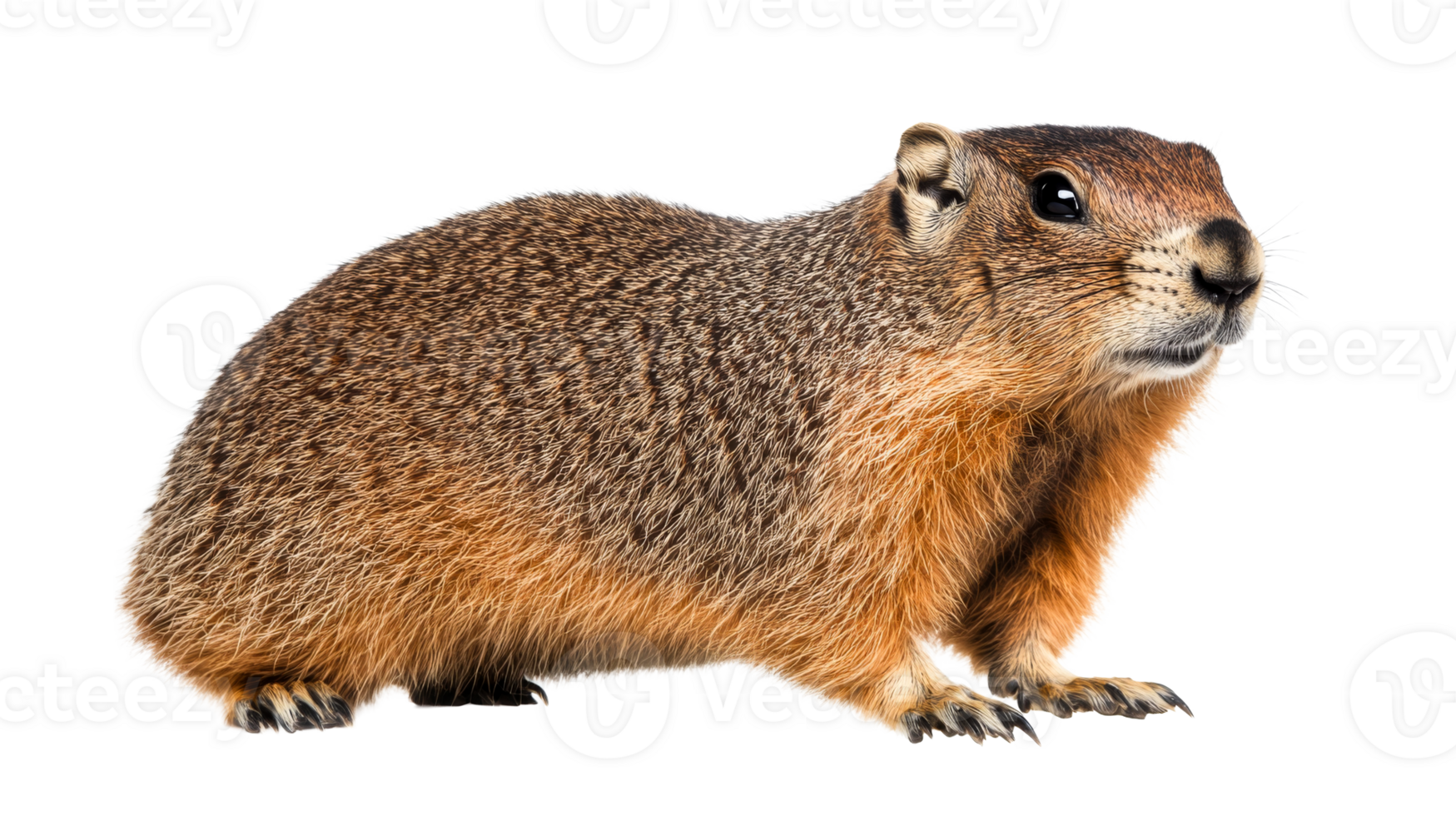 Brown fur groundhog standing, looking forward, cut out transparent png