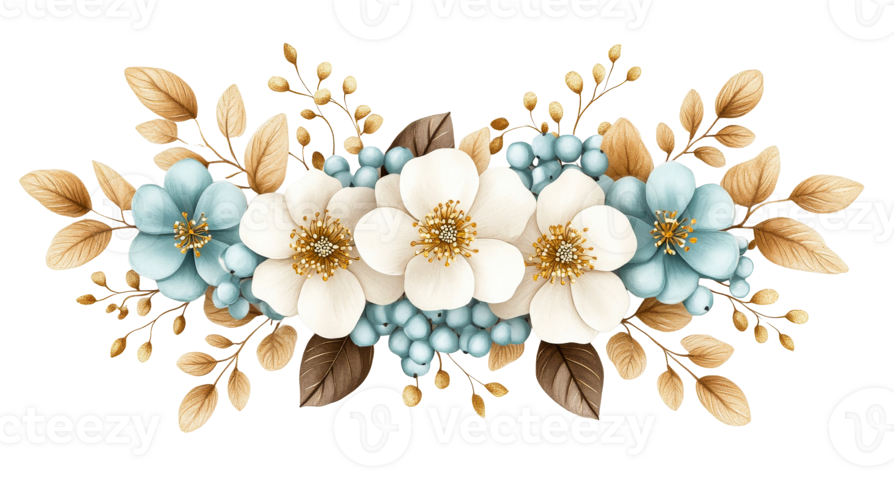 Flowers arrangement with leaves and berries decoration, cut out transparent png