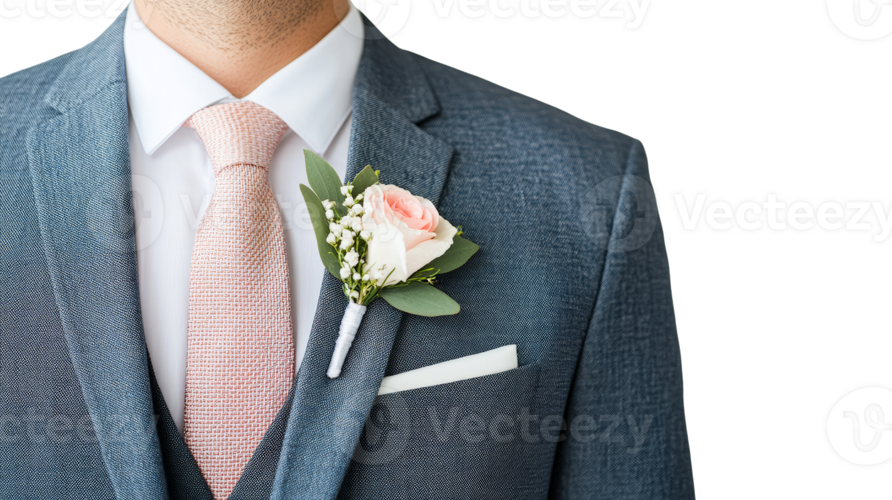Elegant groom with pink boutonniere, formal attire, wedding day, cut out transparent png