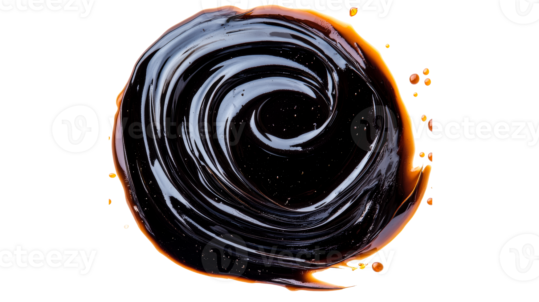 Abstract swirl of dark caramel liquid with drops, cut out transparent png