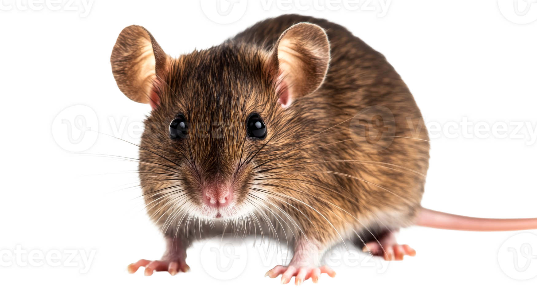 Mouse with big ears looking at viewer. Rodent with whiskers, cut out transparent png