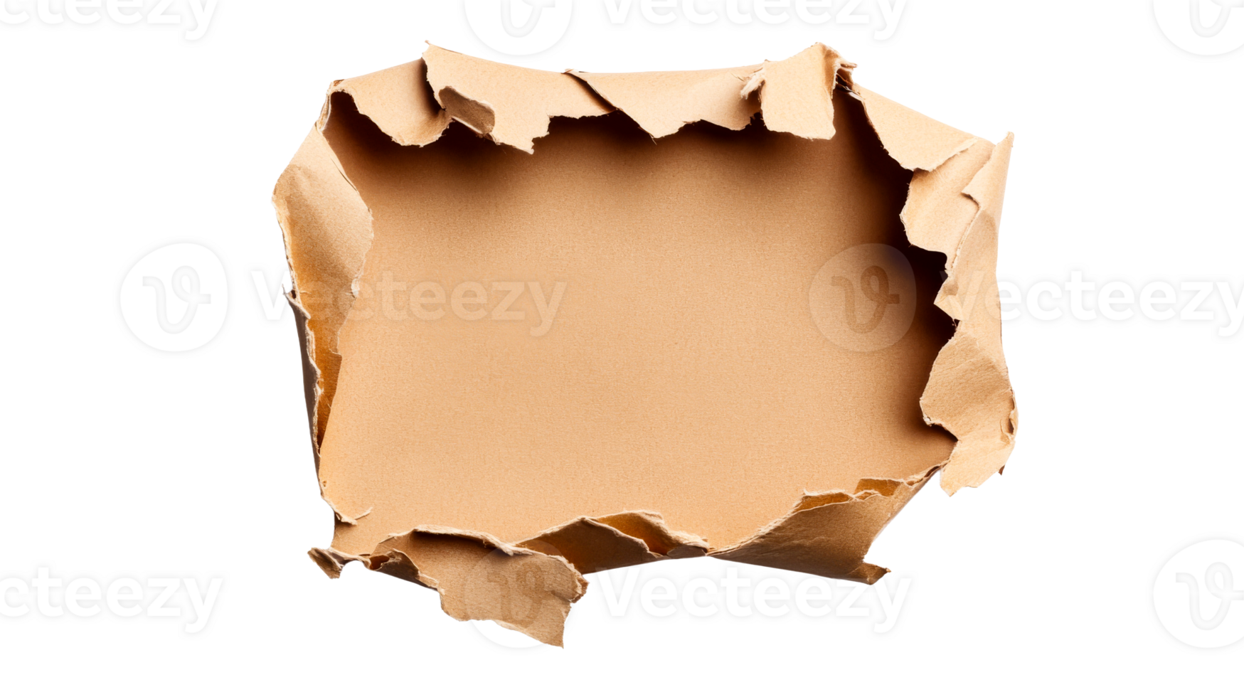 Torn kraft paper, brown texture with ragged edges on black background, cut out transparent png