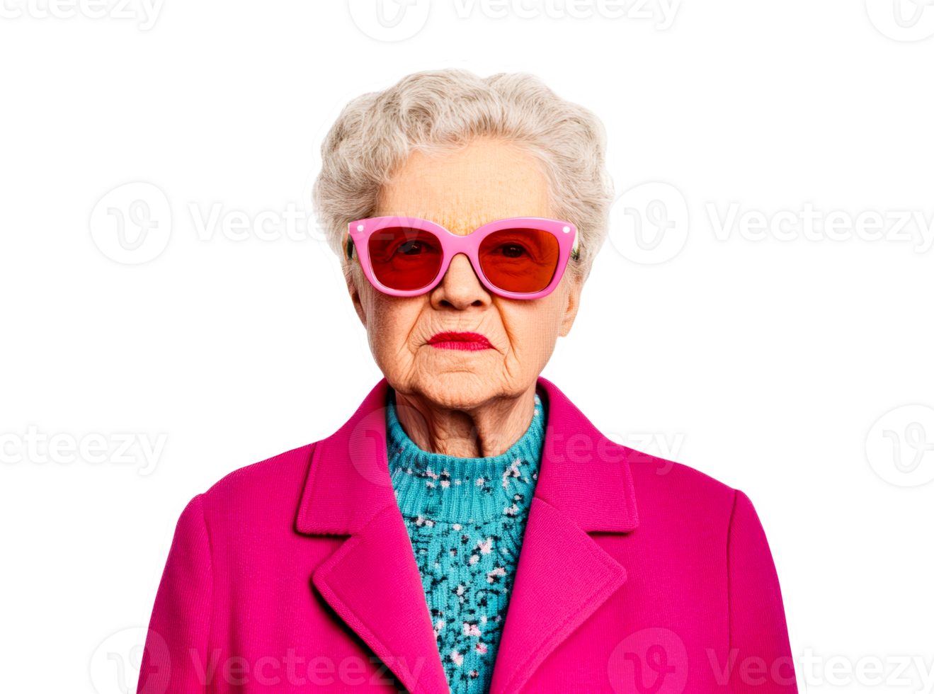 Elderly woman with gray hair in pink coat, cut out transparent png