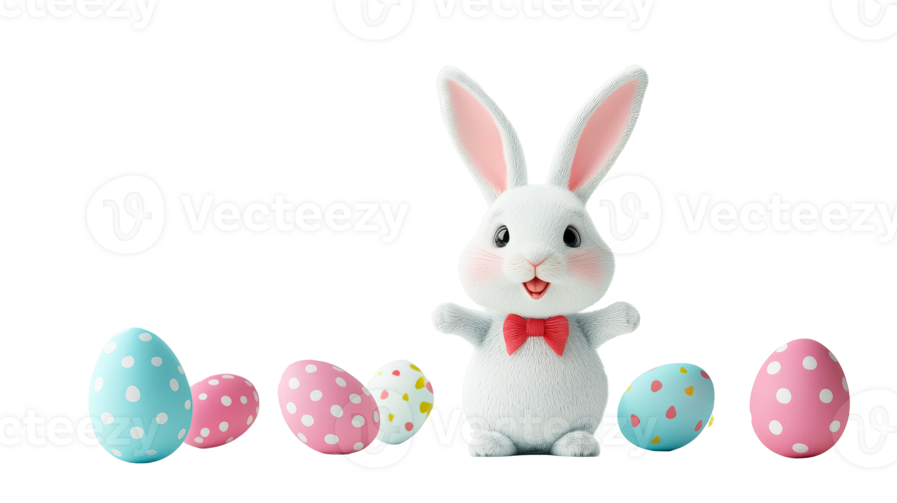 Festive Easter bunny with colorful eggs isolated on black, cut out transparent png