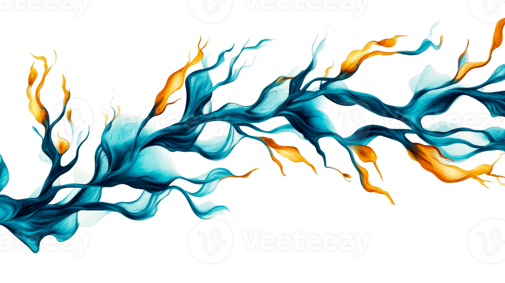 Blue and orange seaweed flowing, dynamic composition, marine life, cut out transparent png