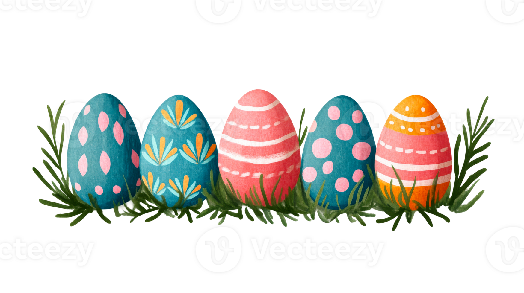 Easter eggs composition with grass on black, cut out transparent png
