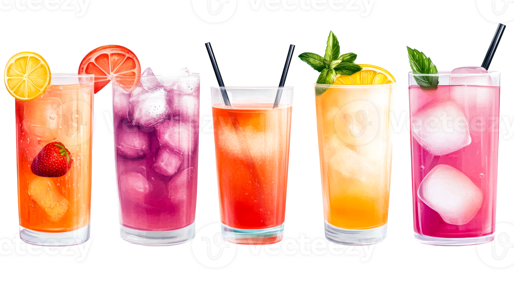Colorful summer cocktails with ice, refreshing drinks, cut out transparent png