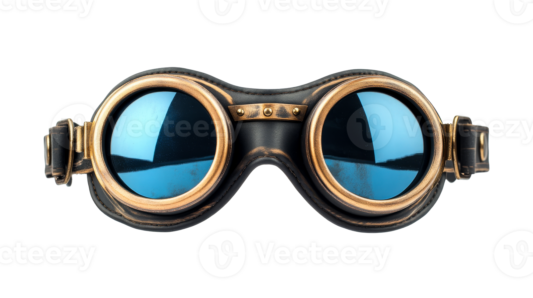 Retro goggles with blue lenses and gold frame, steampunk style, cut out transparent png