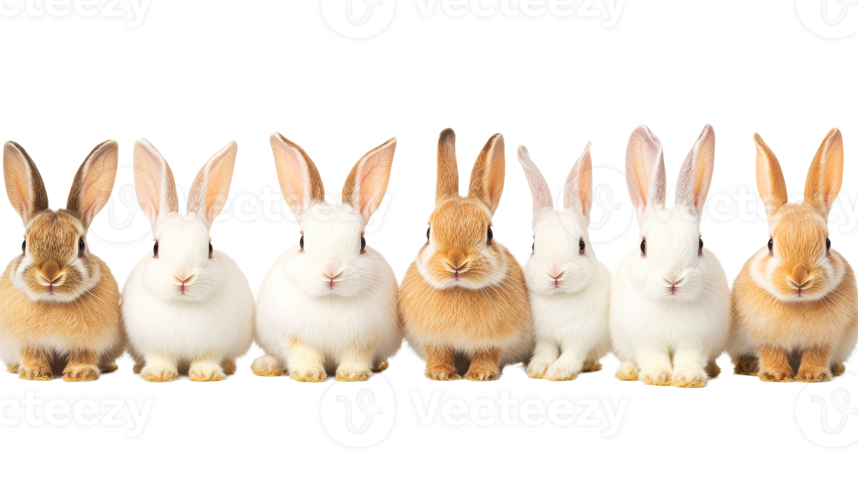 Seven bunnies, different colors, adorable, fluffy, posing, cut out transparent png
