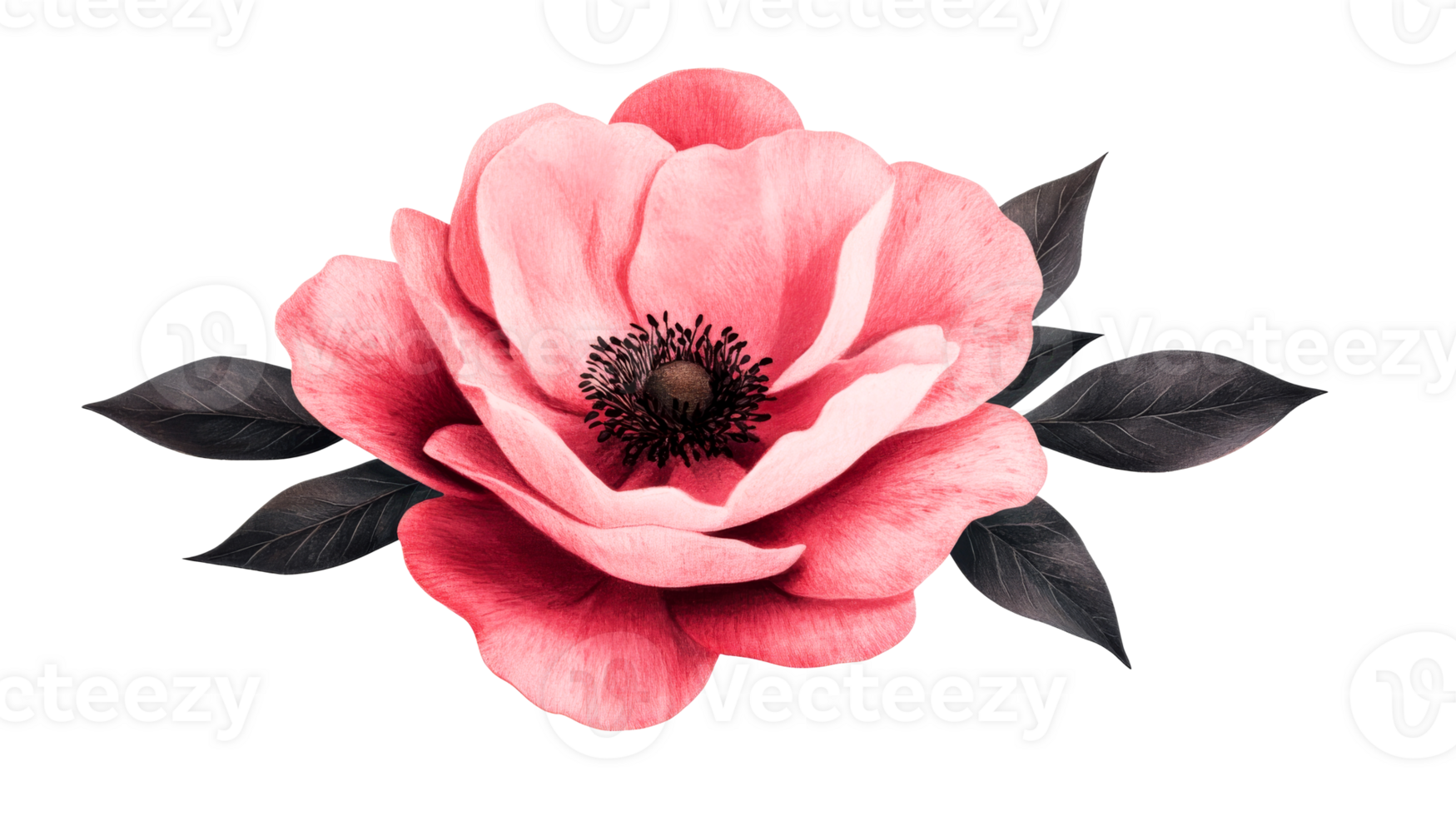 Pink poppy flower, leaves, dark petals, floral, design, art, beauty, cut out transparent png