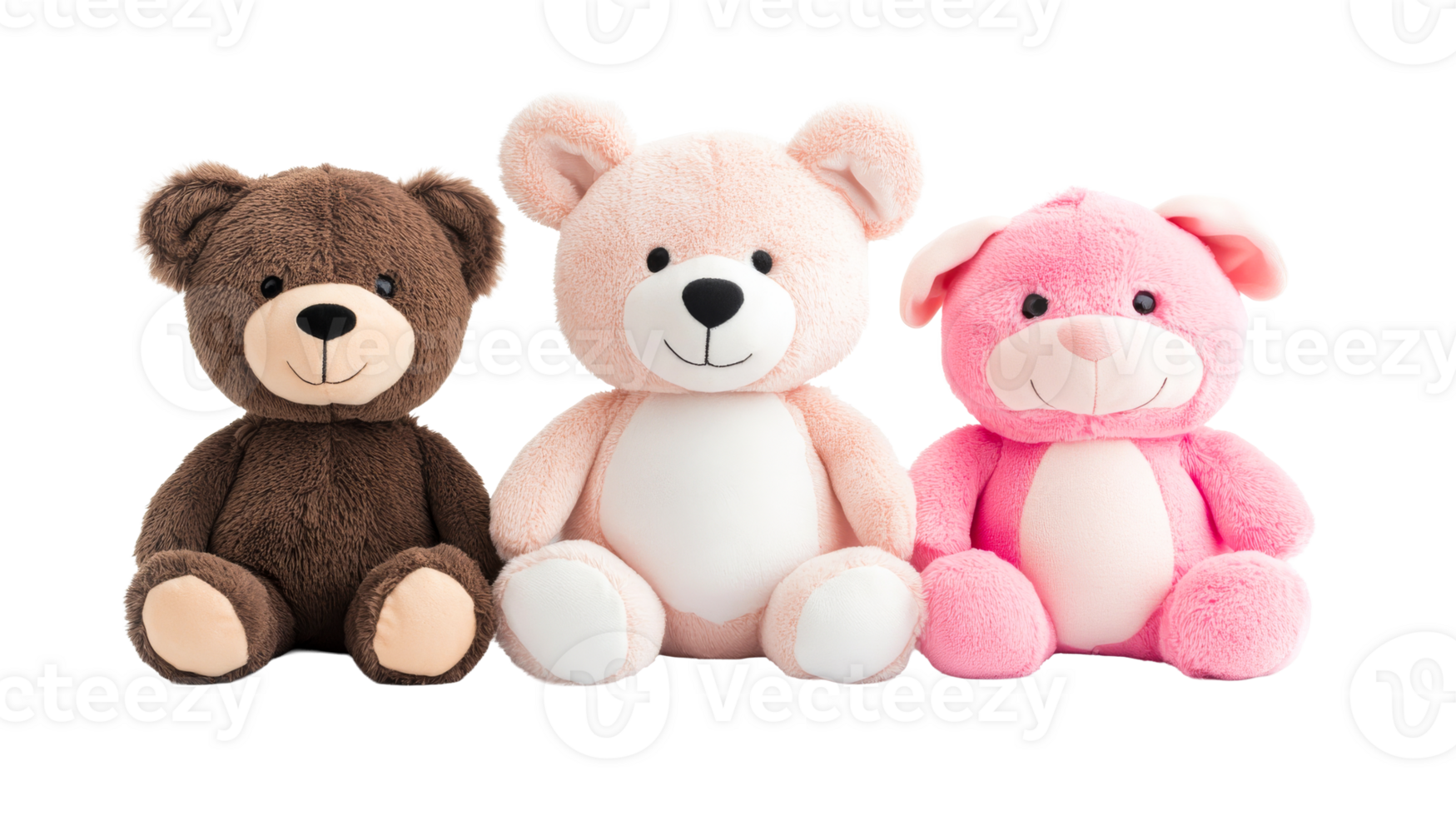 Three plush teddy bears, brown, pink and light pink, cut out transparent png