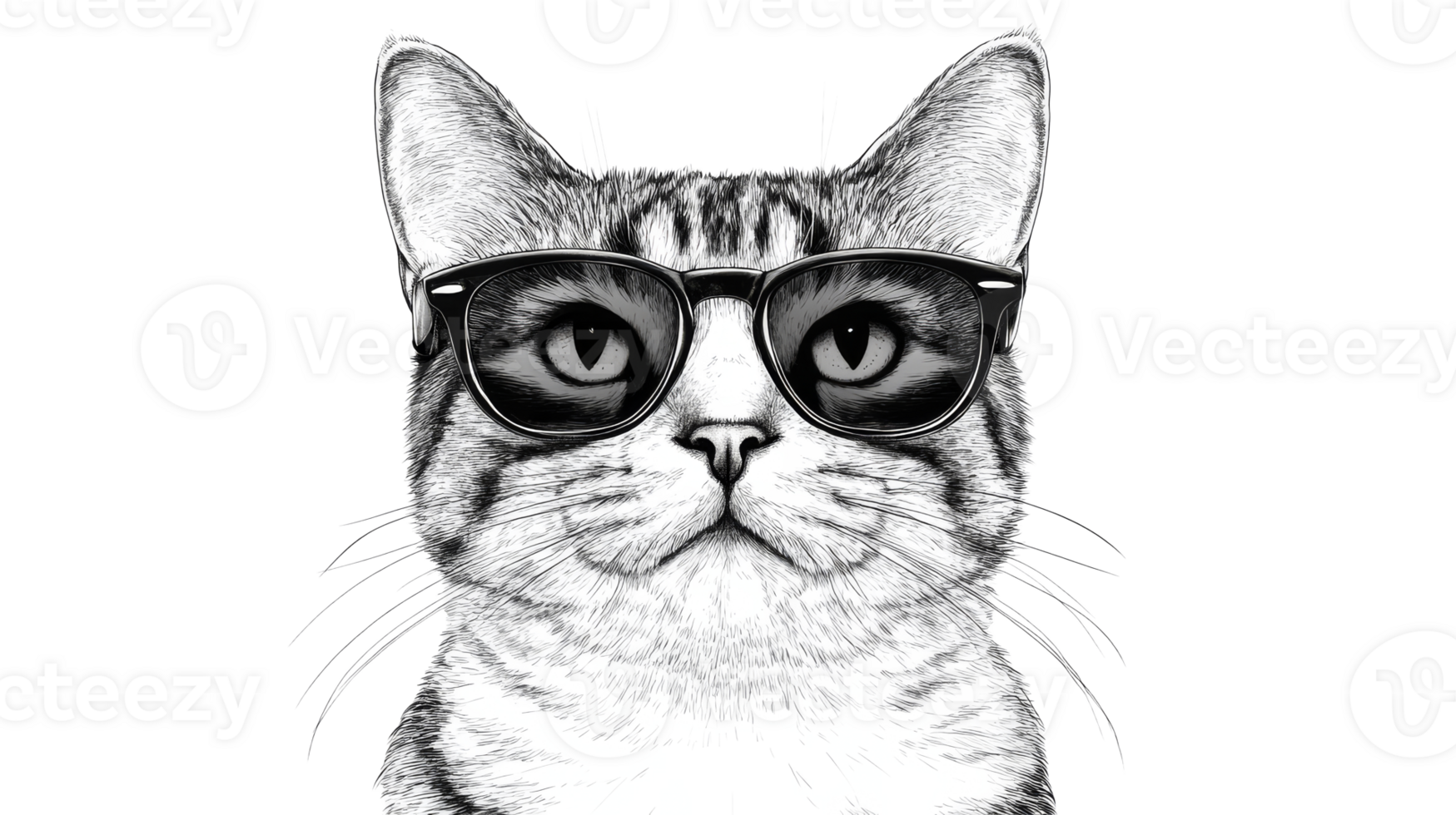 Stylish cat with sunglasses, detailed monochrome sketch, cut out transparent png