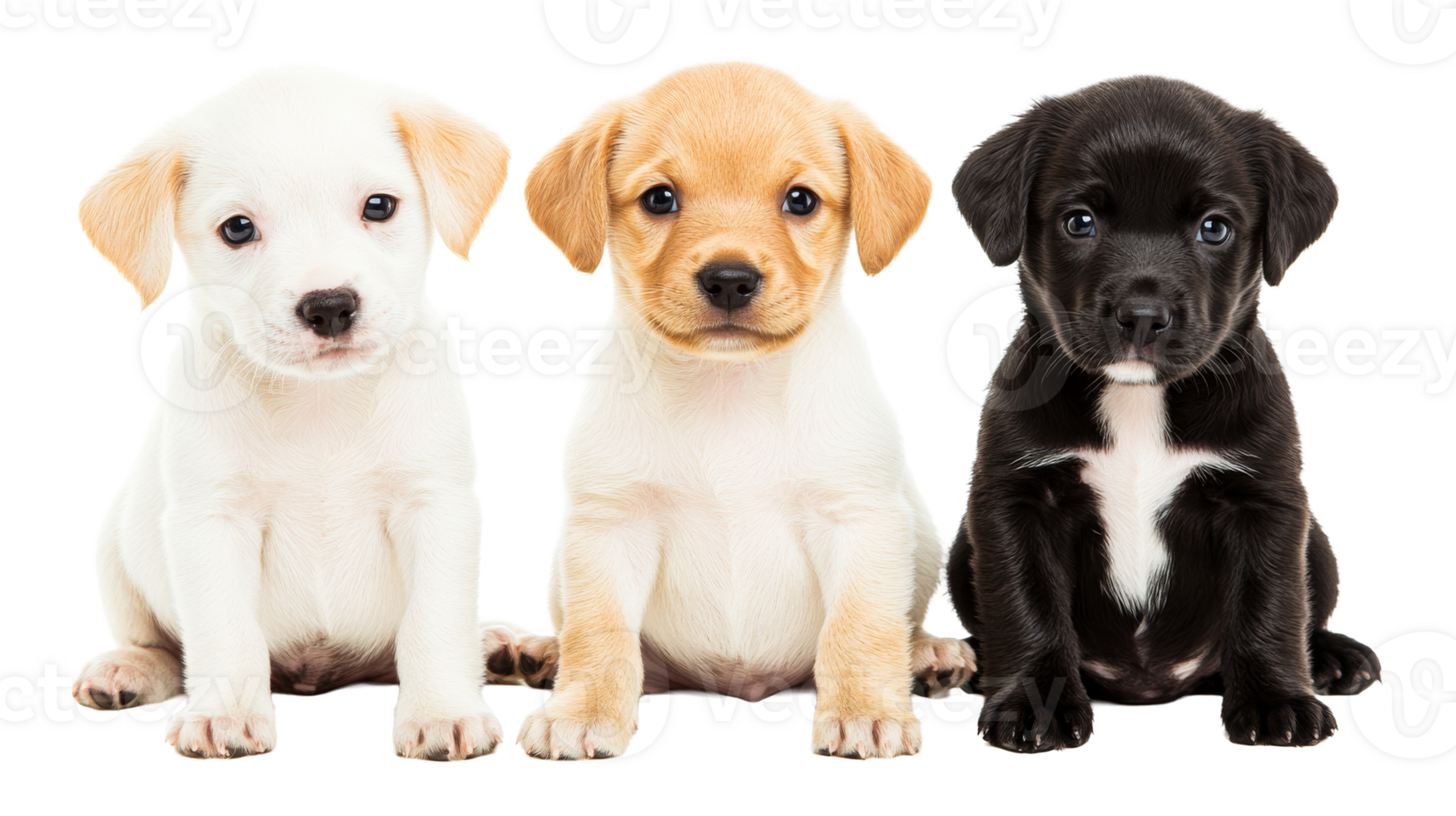 Three Labrador puppies of different colors, cute pets, isolated, cut out transparent png