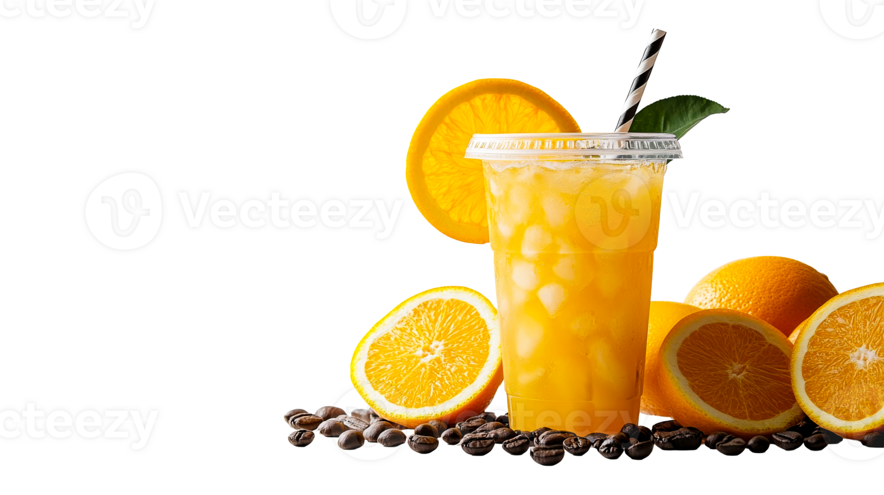 Orange beverage in plastic cup, oranges and coffee beans, cut out transparent png