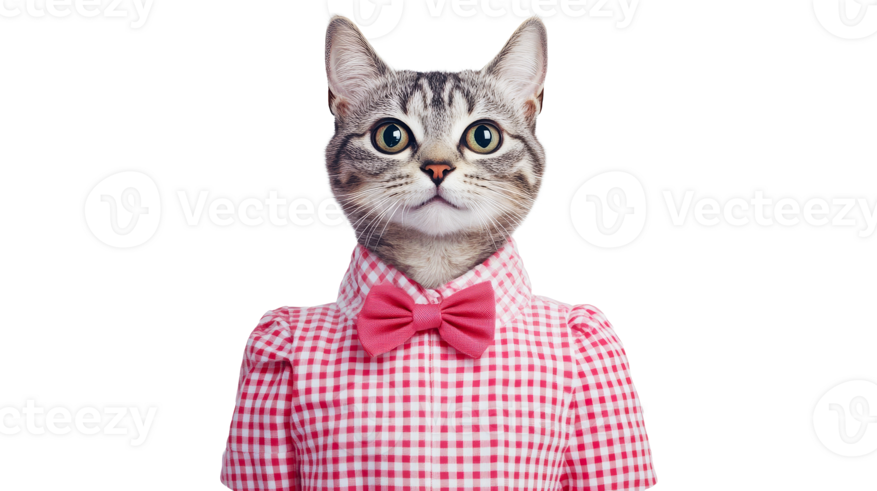 Cat dressed in a red checkered shirt with bow tie, cut out transparent png