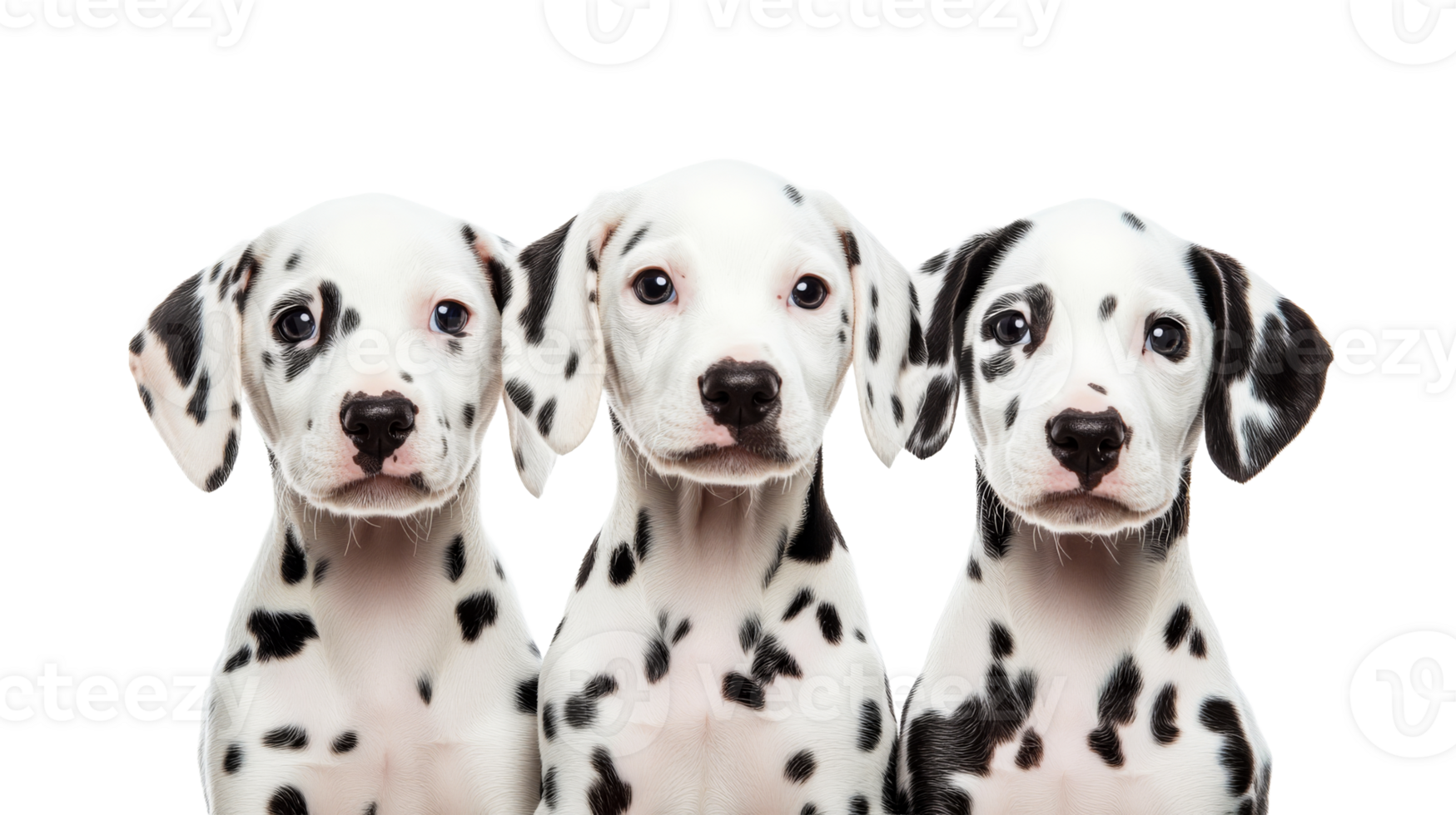 Three Dalmatian puppies, close up portrait, black background, cut out transparent png