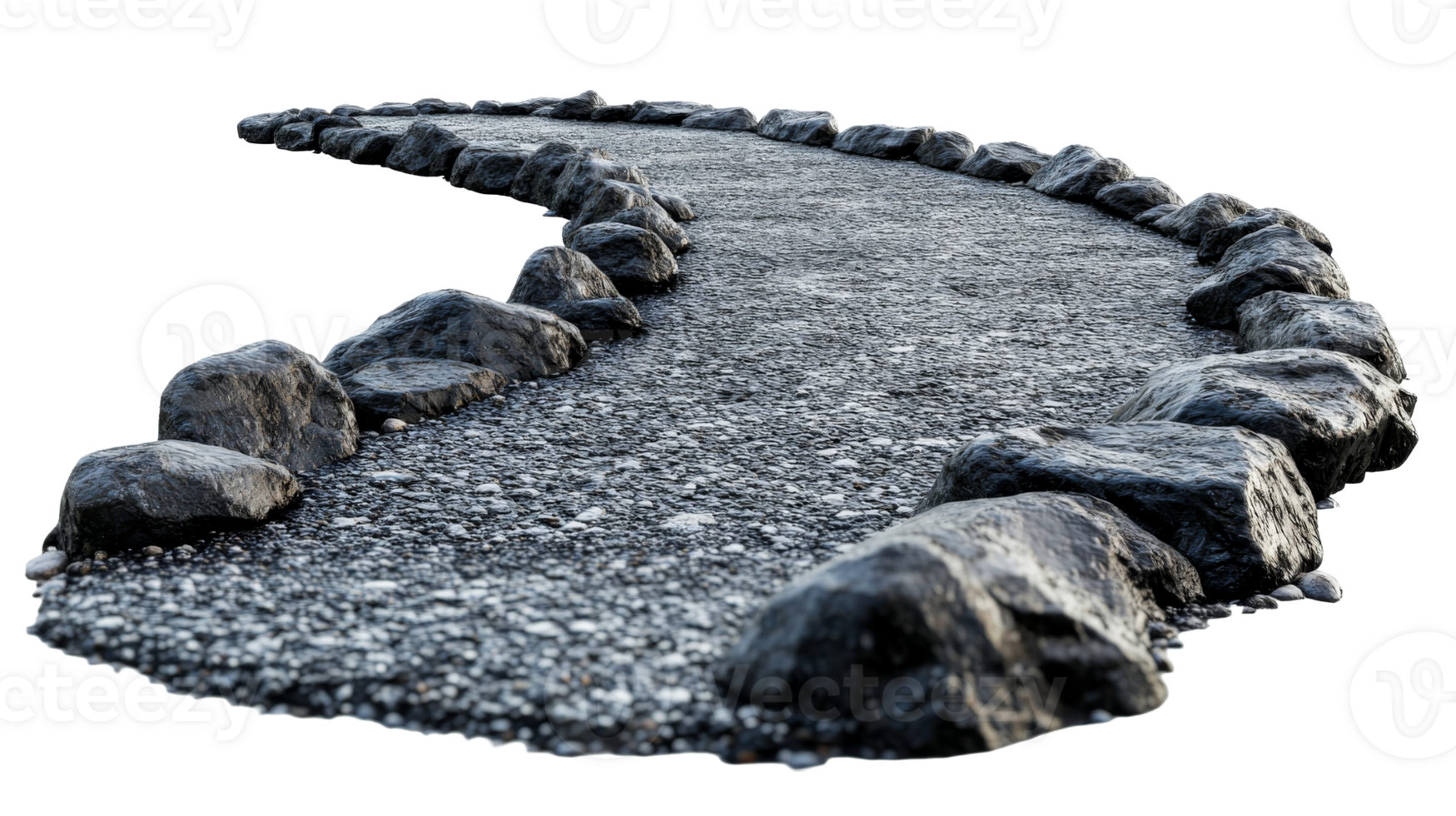 Cobblestone path bordered by rocks, cut out transparent png