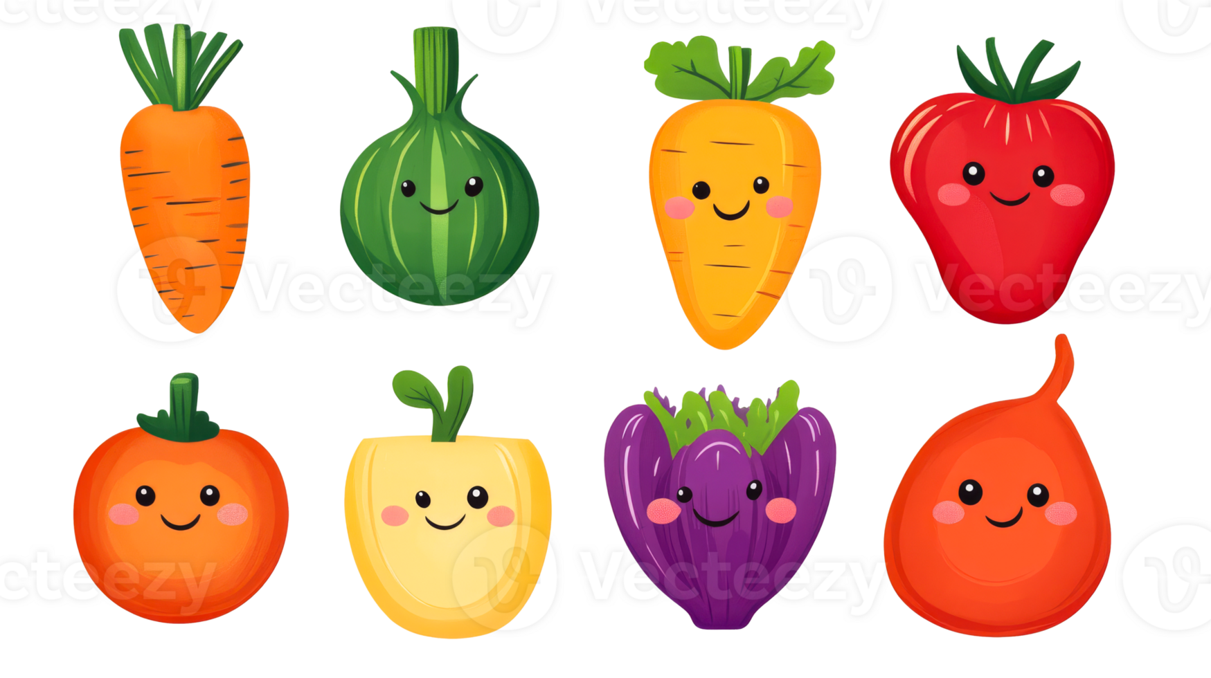 Cartoon Vegetables with Smiling Faces isolated, cut out transparent png