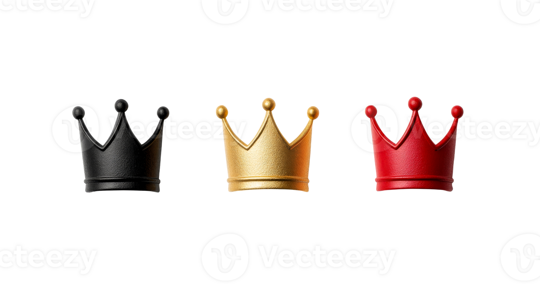 Three crowns in black, gold, and red colors isolated , cut out transparent png