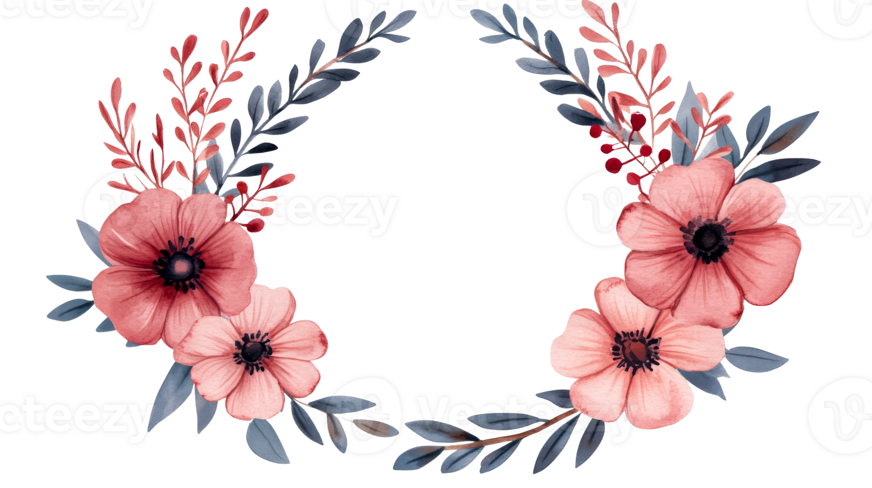 Floral frame with pink flowers and leaves, cut out transparent png