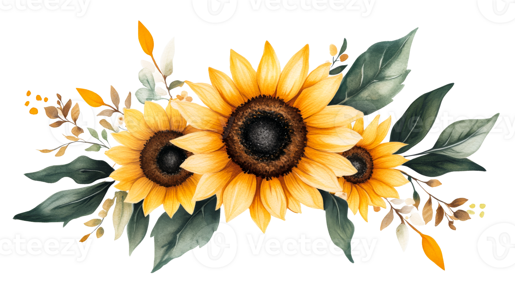 Sunflower Arrangement with Greenery Isolated on Black Background, cut out transparent png
