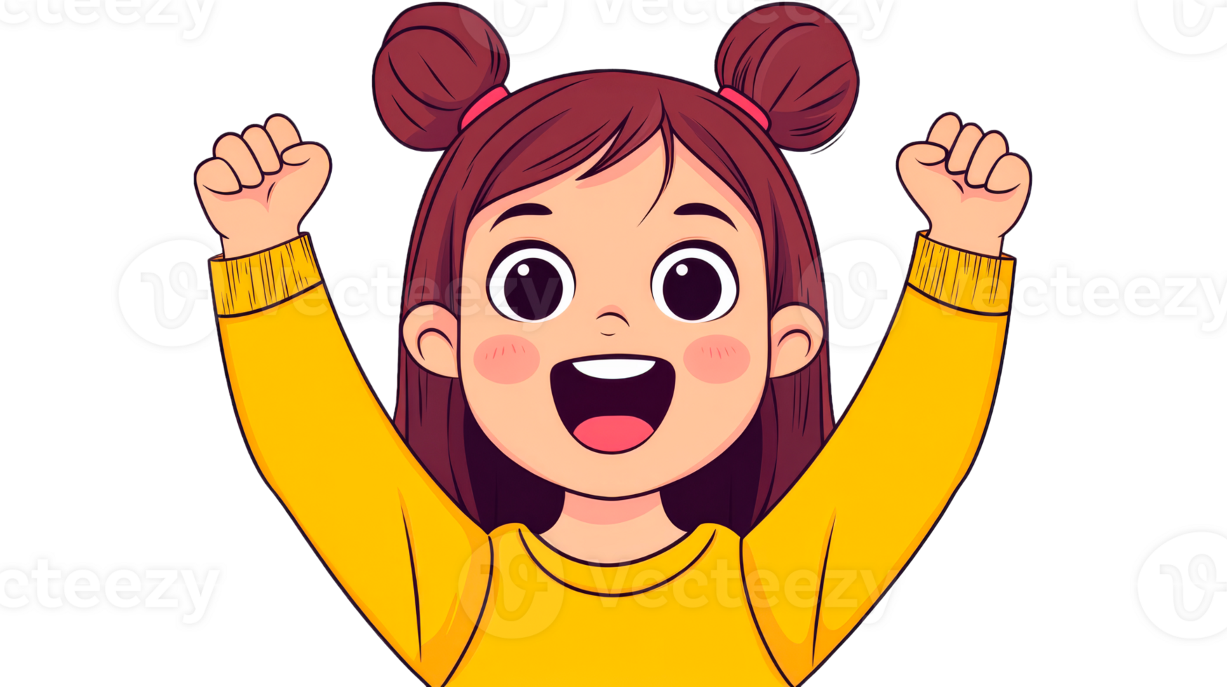 Cartoon girl celebrates with fists raised, , isolated, cut out transparent png