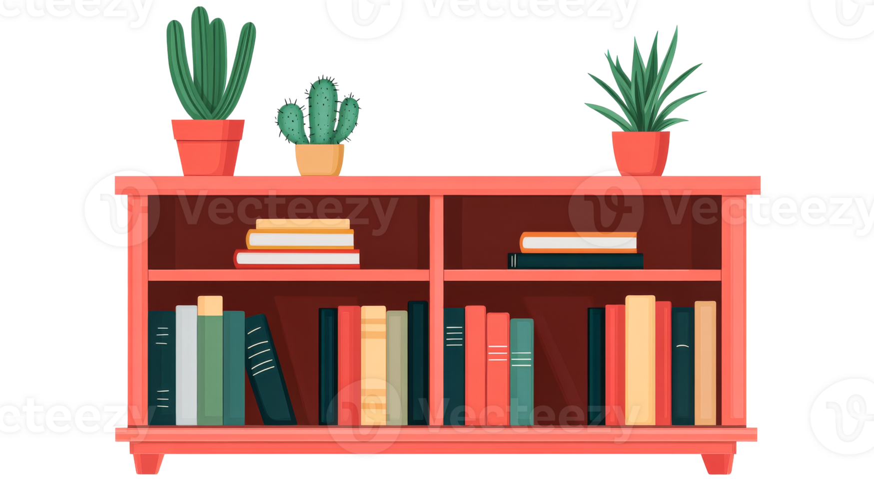 Bookshelf with books and plants indoors, cut out transparent png