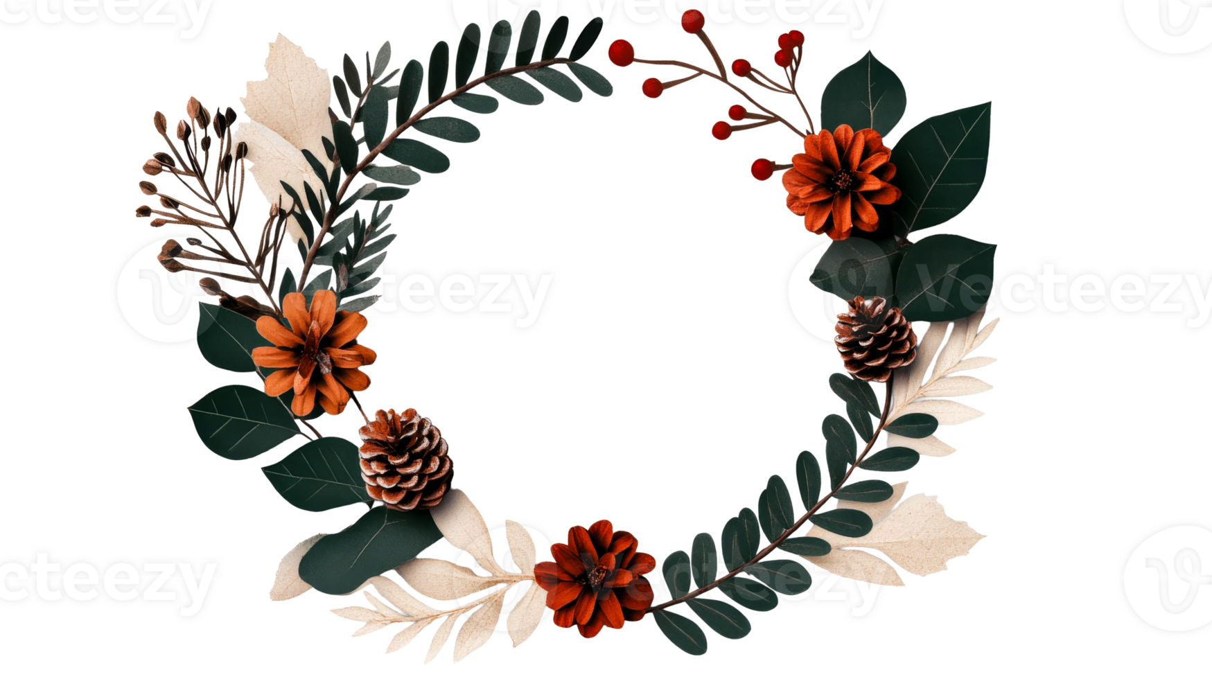 Autumn wreath with flowers and cones, festive design, cut out transparent png