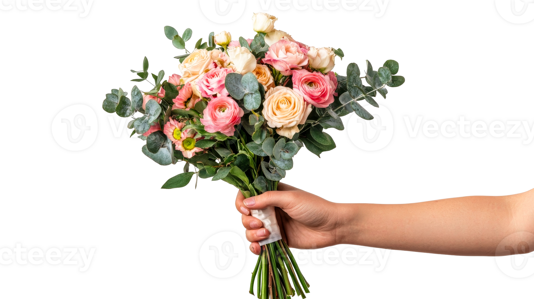 Hand holding bouquet of roses and eucalyptus, cut out transparent png