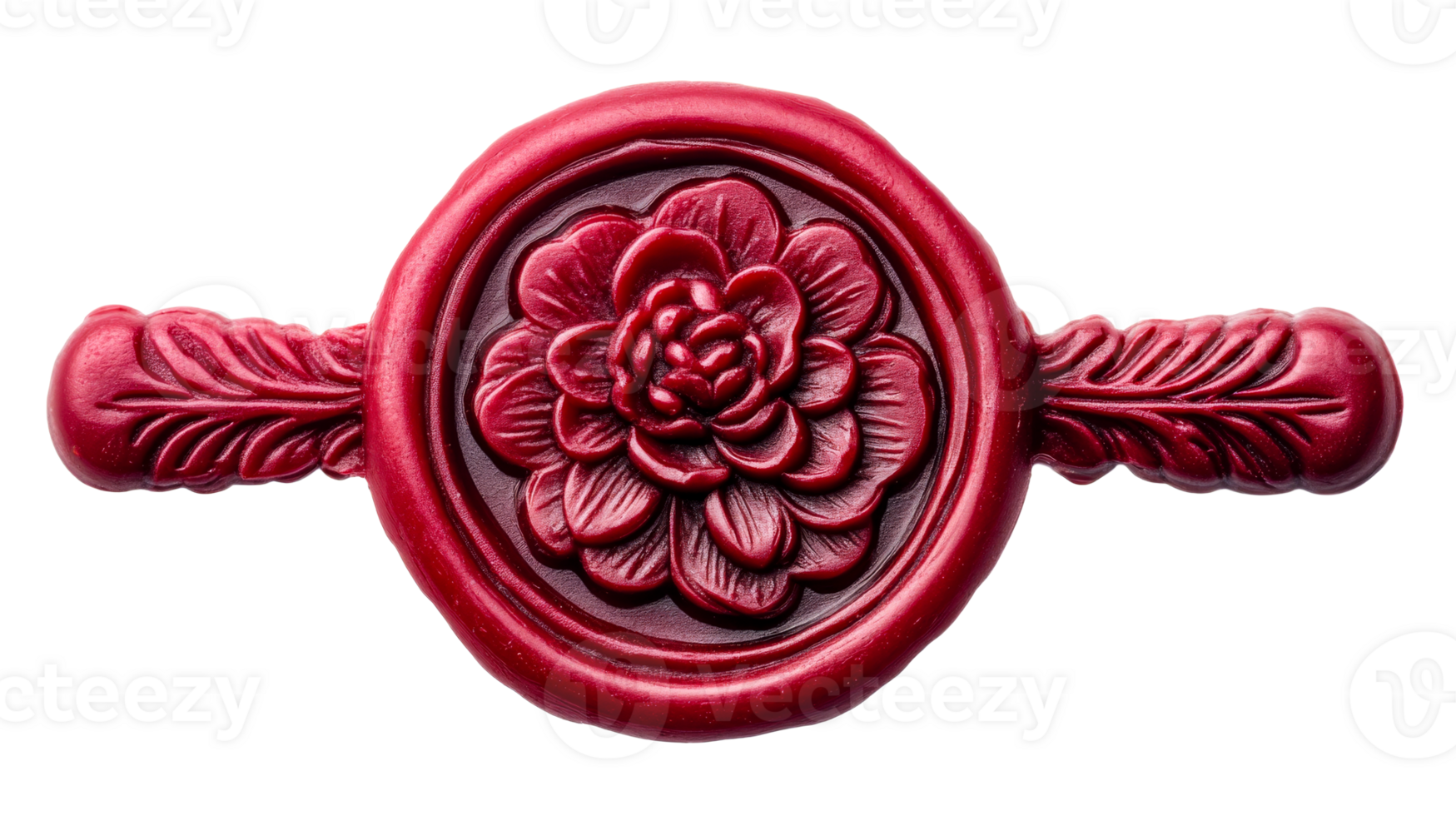 Red wax seal stamp with flower design, isolated, cut out transparent png