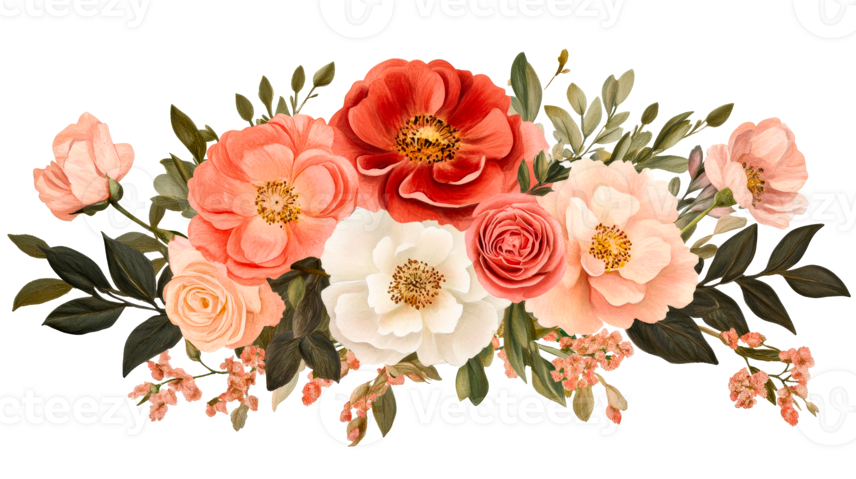 Floral composition, watercolor style arrangement, roses isolated ,cut out transparent png
