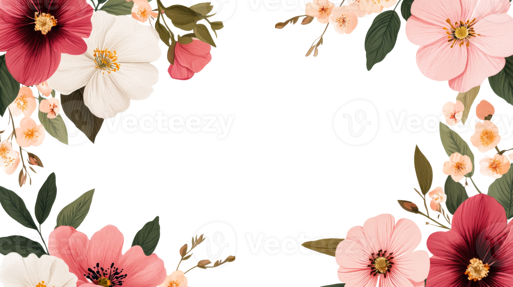 Floral frame with pink and white flowers on black background, cut out transparent png