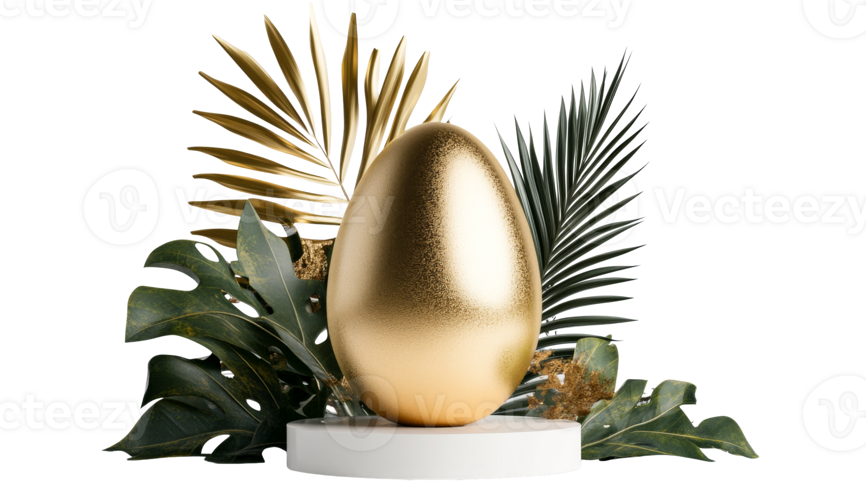 Gold egg with tropical leaves on a platform, cut out transparent png