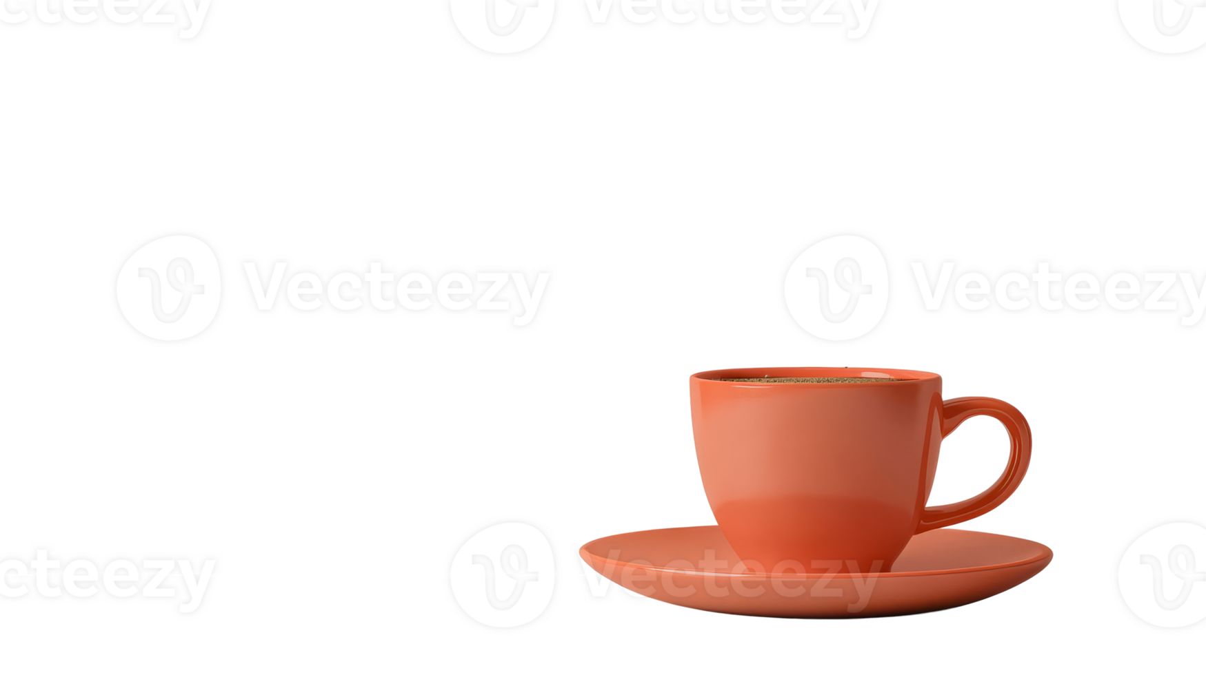 Orange coffee cup with saucer on black background, cut out transparent png