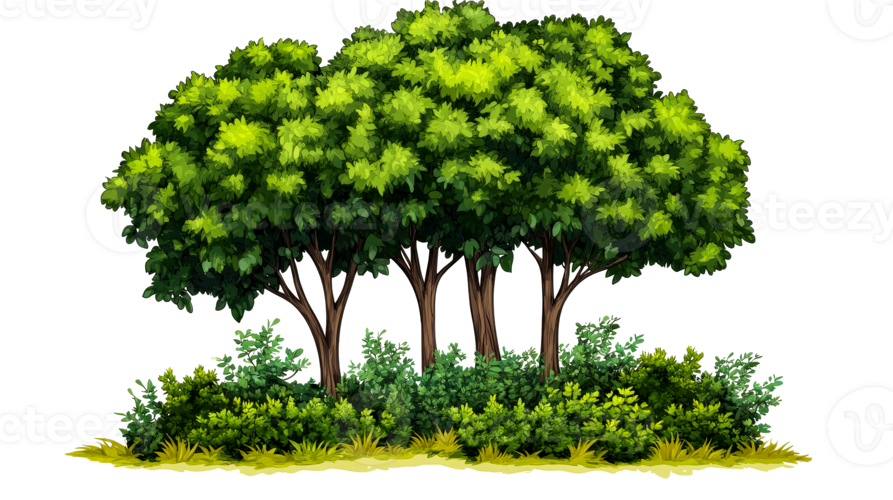Lush green trees with vibrant foliage and undergrowth, cut out transparent png