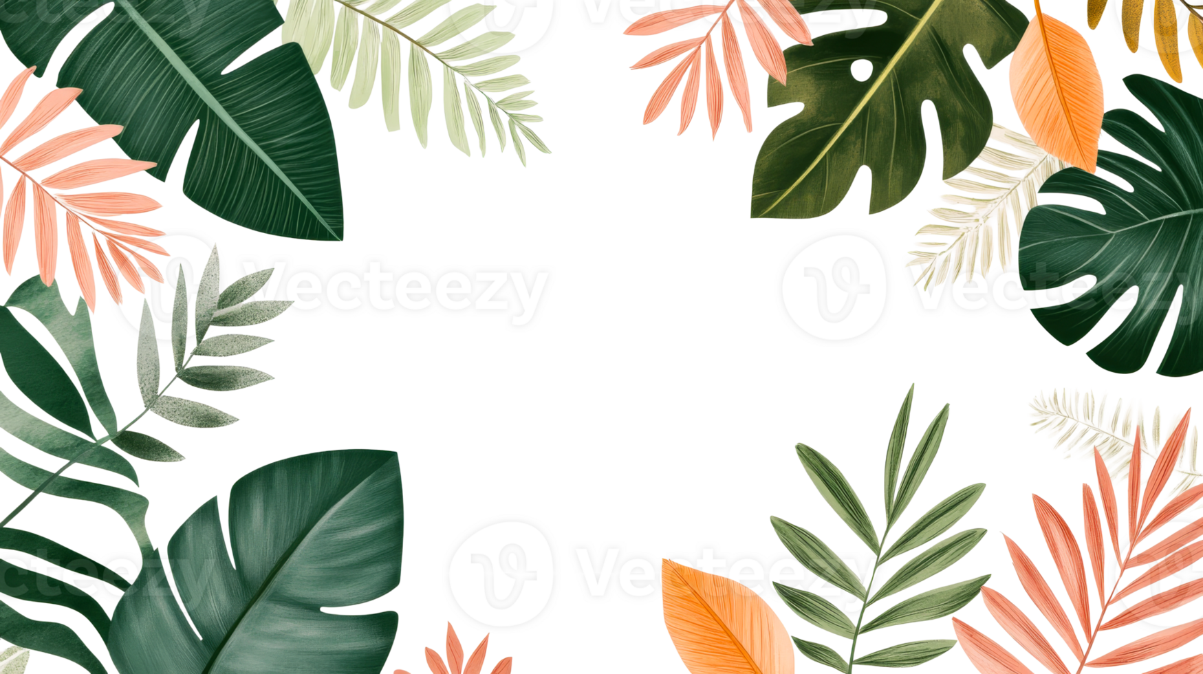 Exotic leaves border background with black in center, cut out transparent png