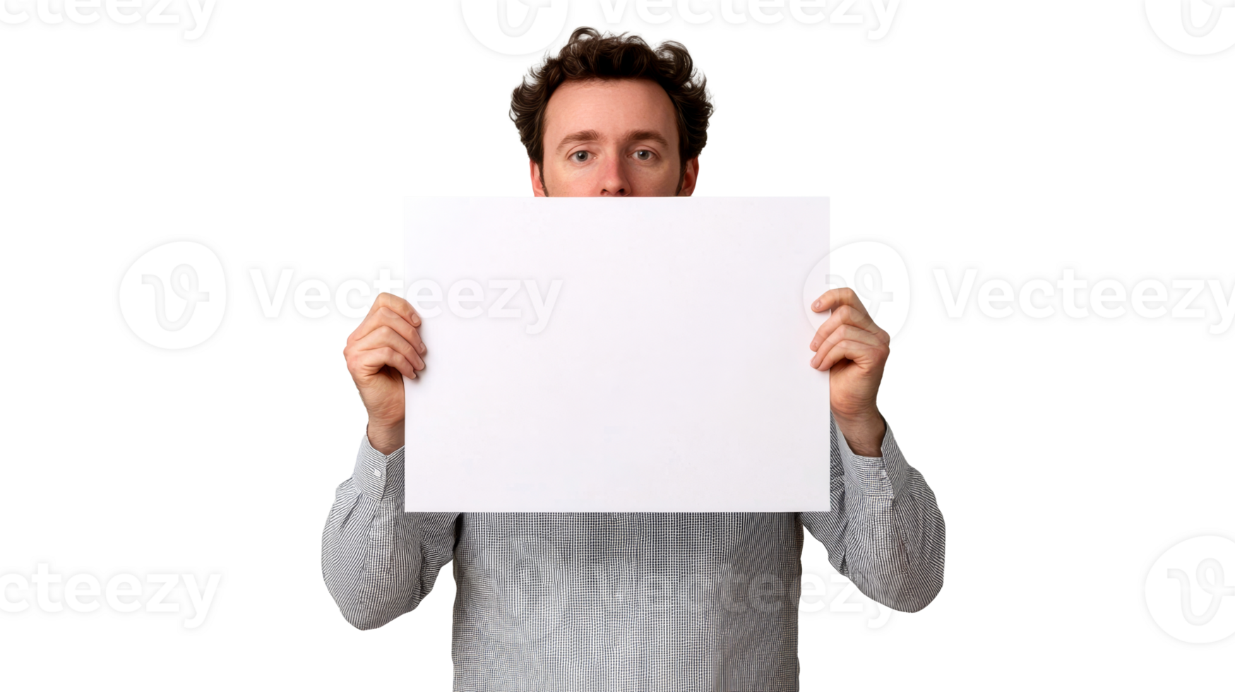 Man with white blank sheet in his hands, cut out transparent png