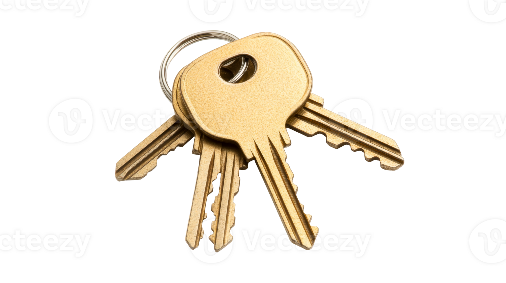 Bunch of gold keys on a silver ring close-up, cut out transparent png