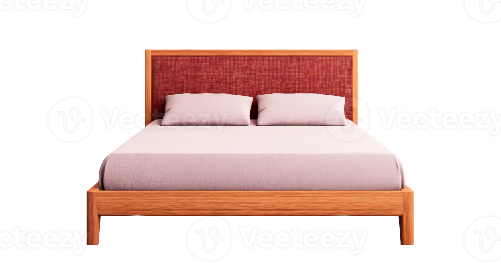 Bed with wooden frame, mattress, and pillows, cut out transparent png
