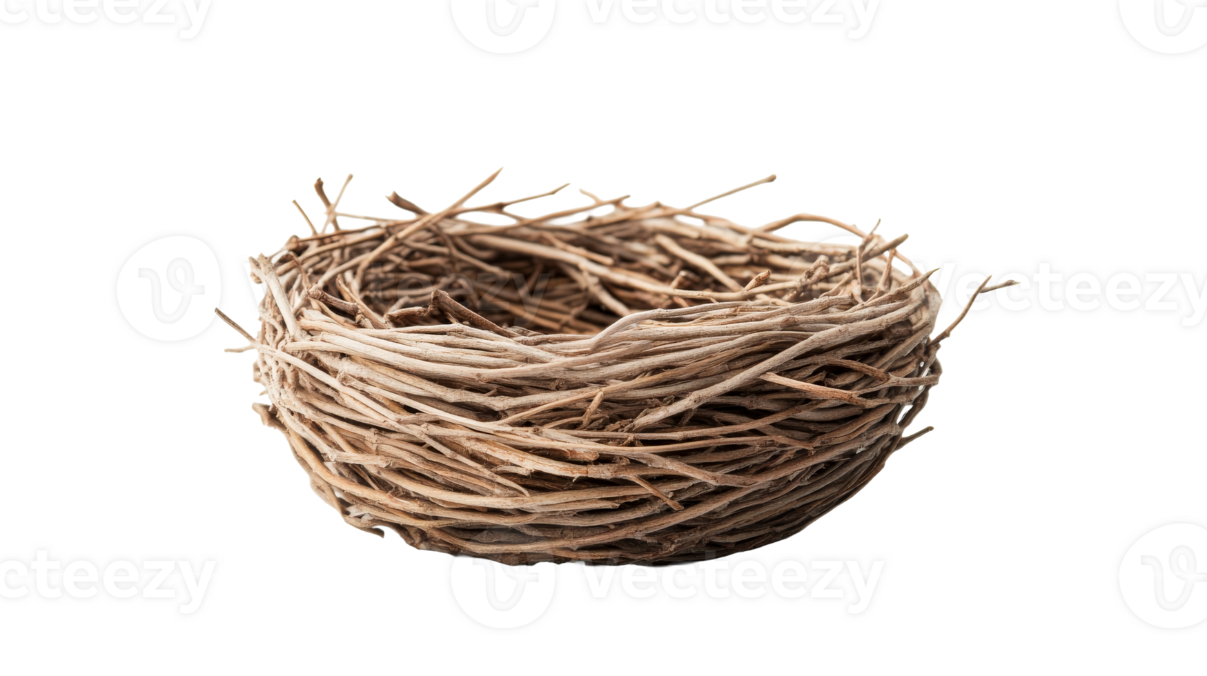 Natural bird's nest formed from branches, intertwined, beige, cut out transparent png